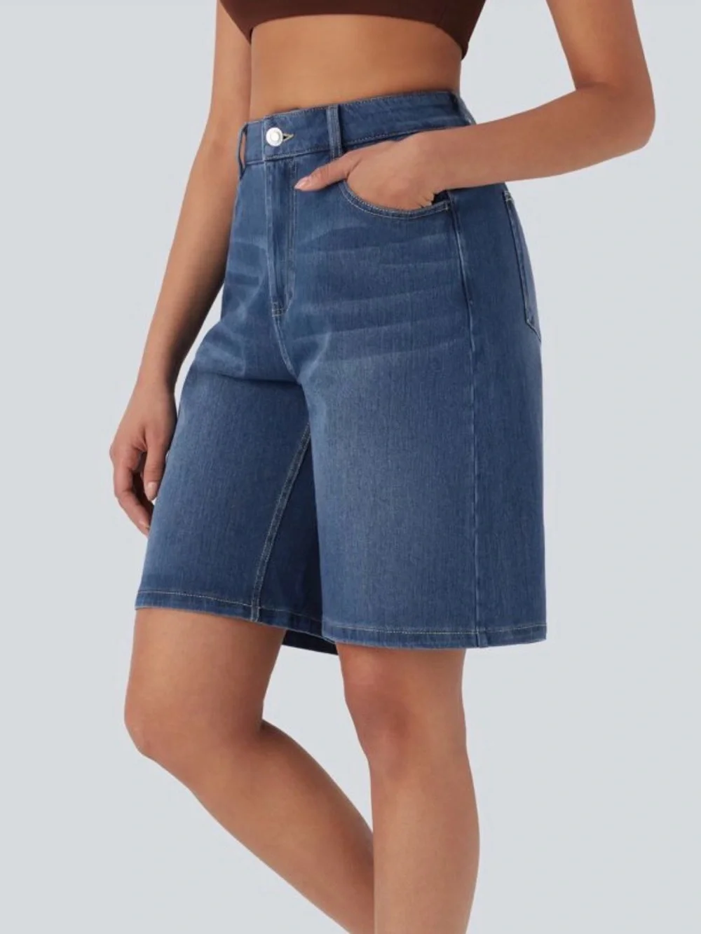 Halara Flex™HighWaisted Pockets Washed Denim Casual Bermuda Shorts cerulean blue - Picture 8 of 11